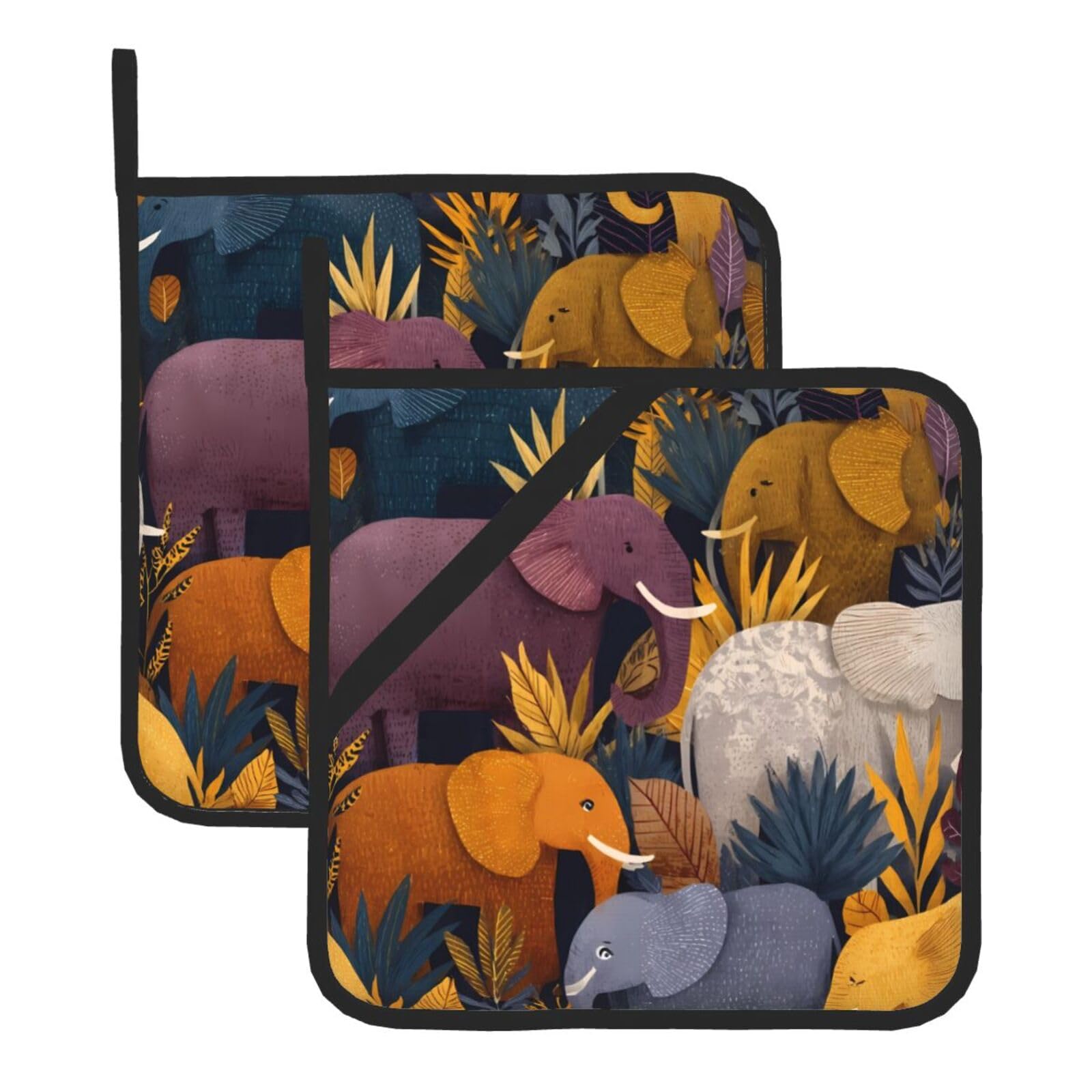 HJFCZH Wildanimals Elephant Printed Square Insulated Pot Mat Set (2-Piece) 8x8in Waterproof, Thickened & Easy to Clean with Lanyard Design for Kitchen, Oven & BBQ