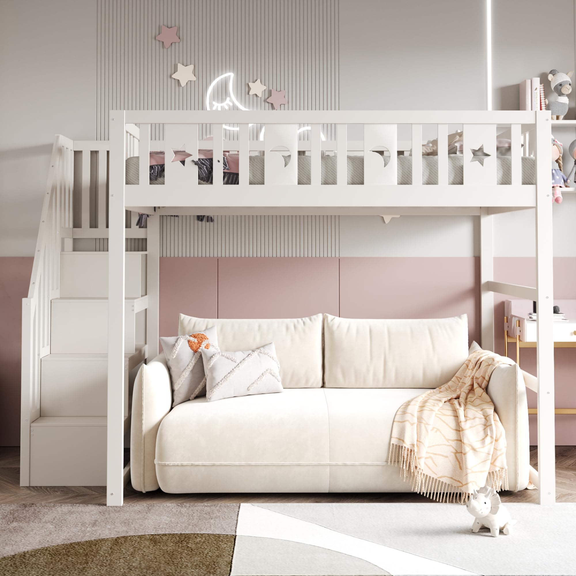 Etagenbett 140x200 cm, Kinderbett mit Treppe | Ohne Matratze, Holzbett mit Stern- und Monddekoration, Bett für Kinder Jugendliche Massivholz Weiß