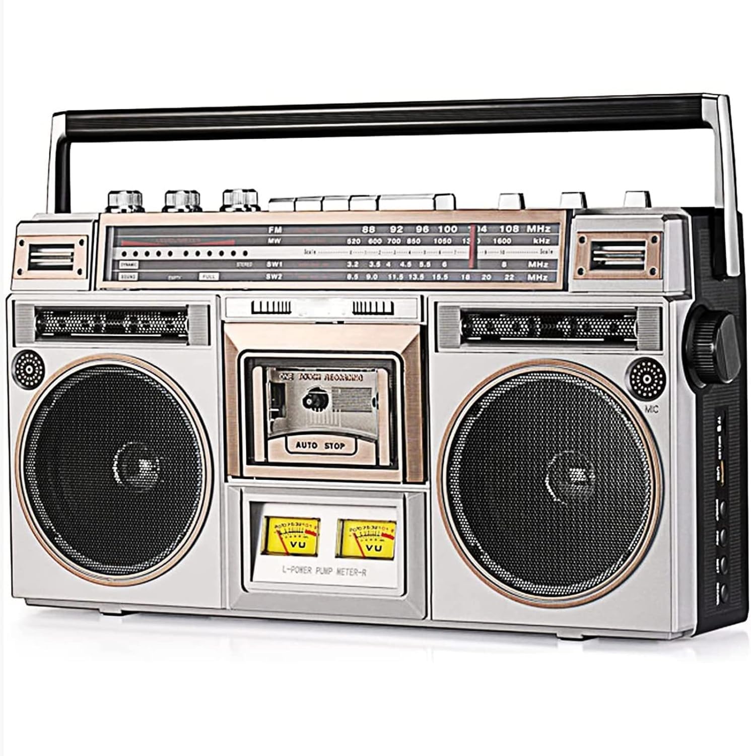 Boombox Bluetooth z radiem AM/FM, odtwarzacz kasetowy, wbudowany głośnik, wzmocnienie basów, gniazdo słuchawkowe 3,5 mm, wejście SD/USB