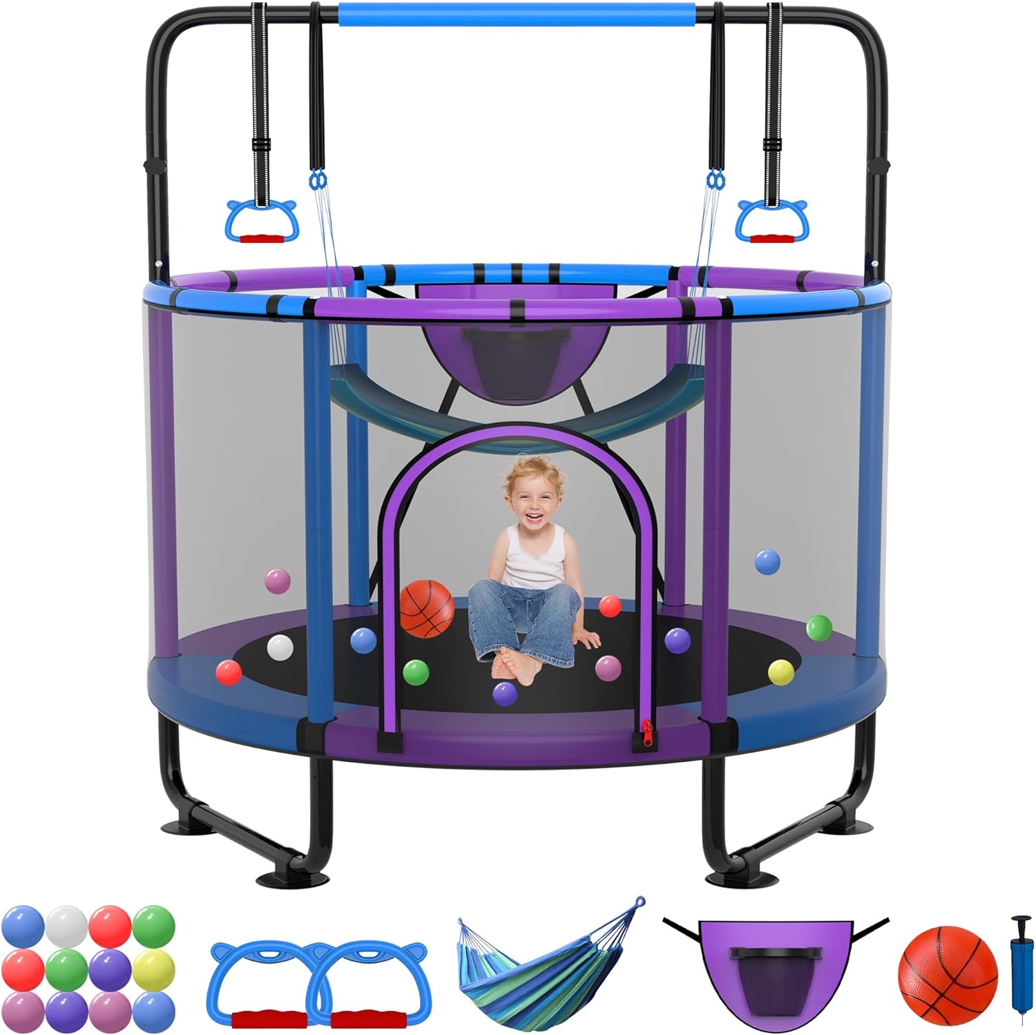 SKYUP 54"/60''/66" Mini Trampoline for Kids Ages 3+, 400LBS No-Gap Toddler Trampoline with Net, Swing, Adjustable Gymnastics Bars, Basketball Hoop, Indoor/Outdoor Trampoline, Boys & Girls Gifts Toys