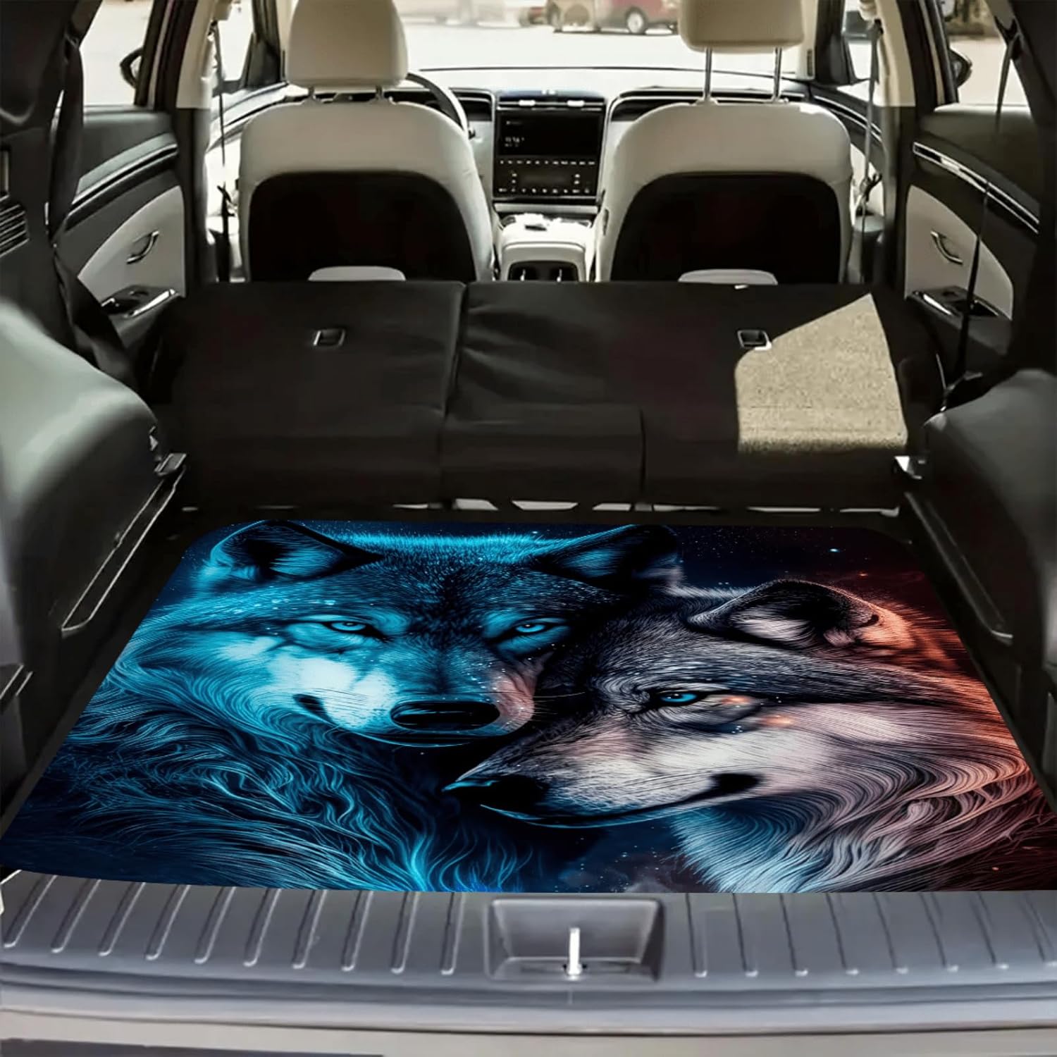 Universal Car Trunk Mat 29" x 39", Two Wolf Design All Weather Trunk Protection Cargo Liner, Durable Cargo Mat Rear Trunk Liner, Stylish Vehicle Interior Accessories Suitable for Most Car Models