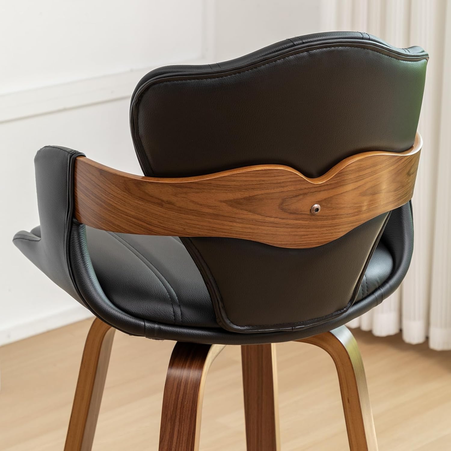 26" Swivel Bar Stools,Mid Century Modern Counter Height Bar Stools,Black Upholstered Faux Leather Counter Stools with Arms and Fishtail-Shaped Back,Walnut Wood Frame Home Bar Chairs,1PCS