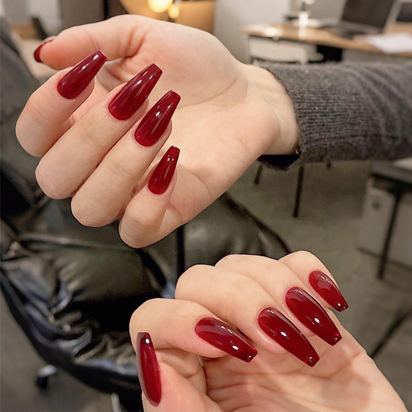 Red Stiletto Press On Nails - Long Glossy False Nails for Women with Glue, Almond & Coffin Shaped Artificial with Elegant Touch, Deep Red Mirror Finish for Parties, Wedding, Daily Wear