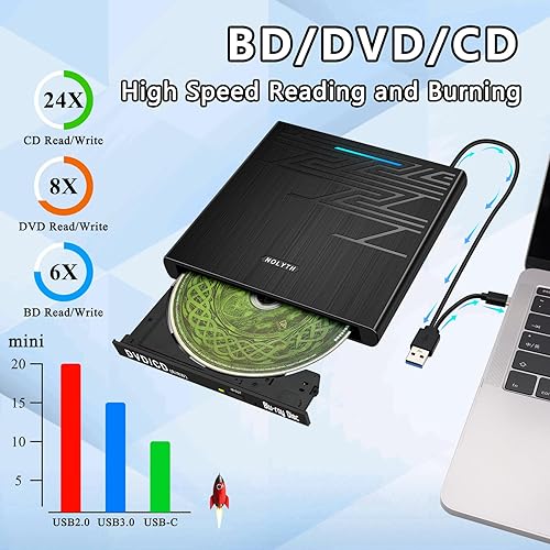 Miniatura 3 de NOLYTH Reproductor de Blu Ray externo, unidad portátil Bluray externa para Mac, quemador Blu Ray USB con ranura de audio SD TF USB de 0.138 in