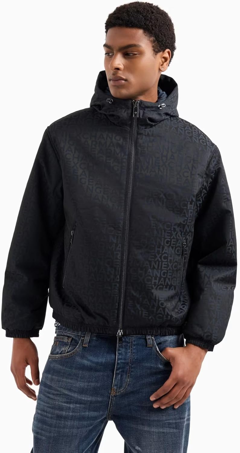 Armani Exchange mens Zip Up Hooded All Over Logo Windbreaker - Image 2