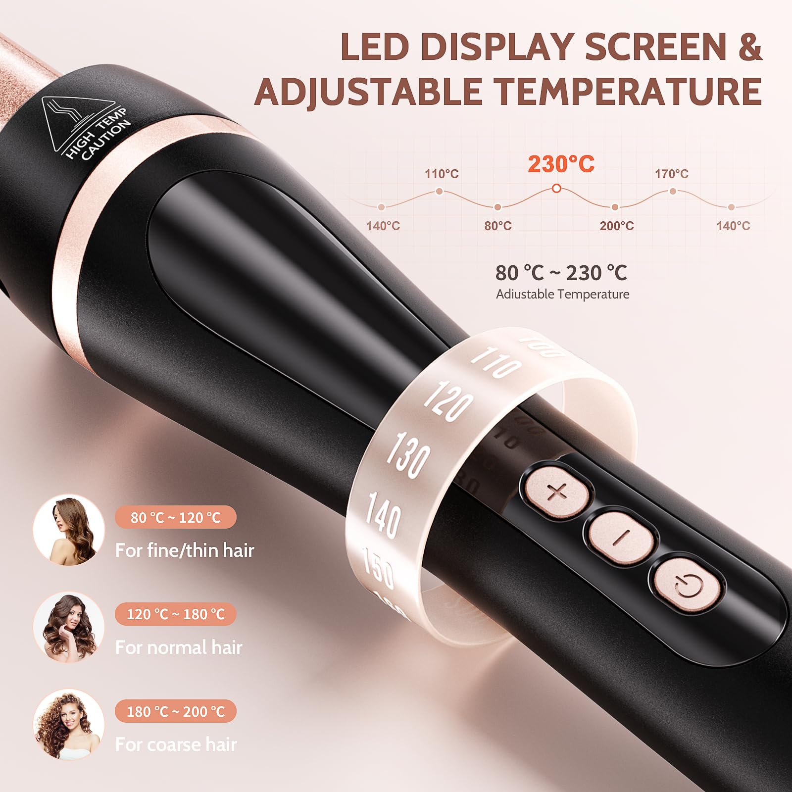 5 en 1 Fer à Friser Professionnel Chauffage Rapide Fer à Boucler Céramique avec Températures Réglable de 80-230 ℃ LCD Écran et Interchangeable 9-32 mm pour Créer de Grosses Vagues