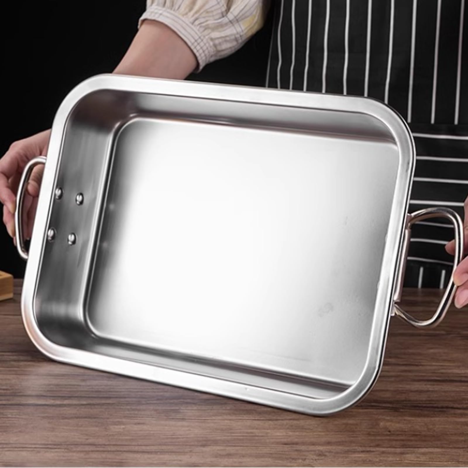 Teglia da forno in acciaio inox, con manici, 40 cm, teglia da forno, rettangolare, con manici, per lasagne, lavabile in lavastoviglie, a nido d'ape