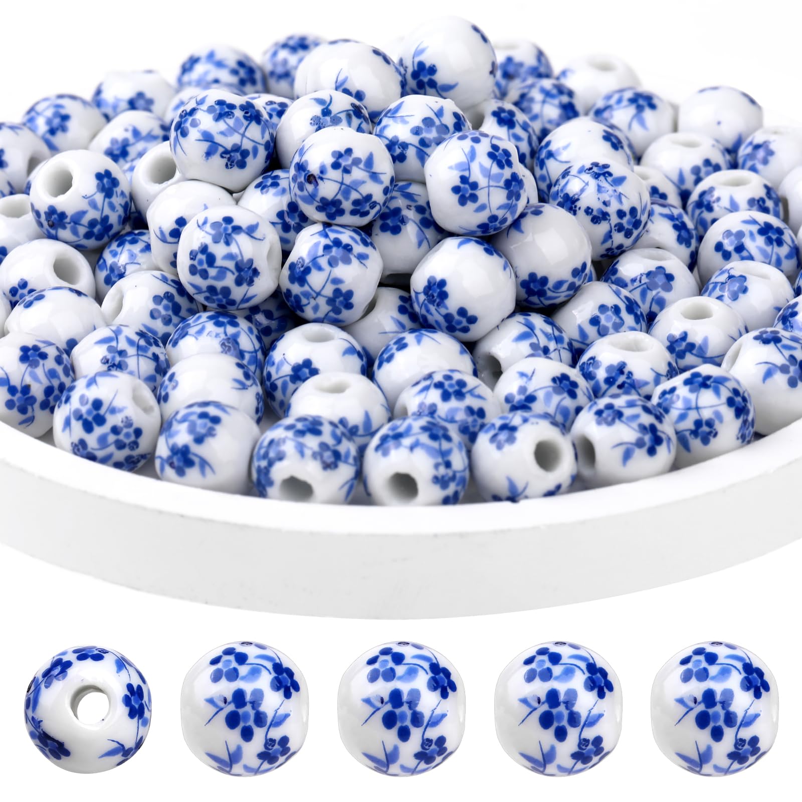 100PCS Blue and White Porcelain Beads Blue Flower Printed Spacer Beads Handmade Round Loose Porcelain Bulk Craft Beading Kit for DIY Jewelry Arts Crafts Necklace Bangle 8mm