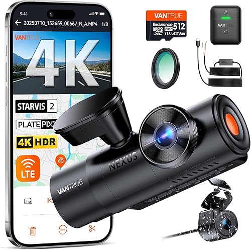 Paquete Vantrue N4PS Dash Cam & CPL, 512GB microSD, 11.5ft USB-C Hardwire Kit, Control Remoto con Bloqueo de Eventos, 4K+1080P+2.5K Cámara de