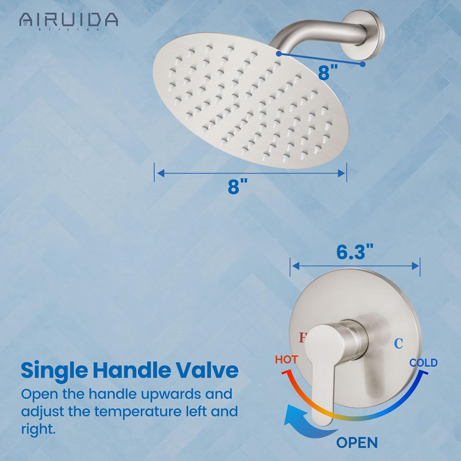 Airuida Shower Faucet Set,8 Inch Round Rainfall Shower Head,SUS304 Stainless Steel Single Handle Shower Trim Kit,Wall Mount Bathroom System with Female Threads Valve Brushed Nickel