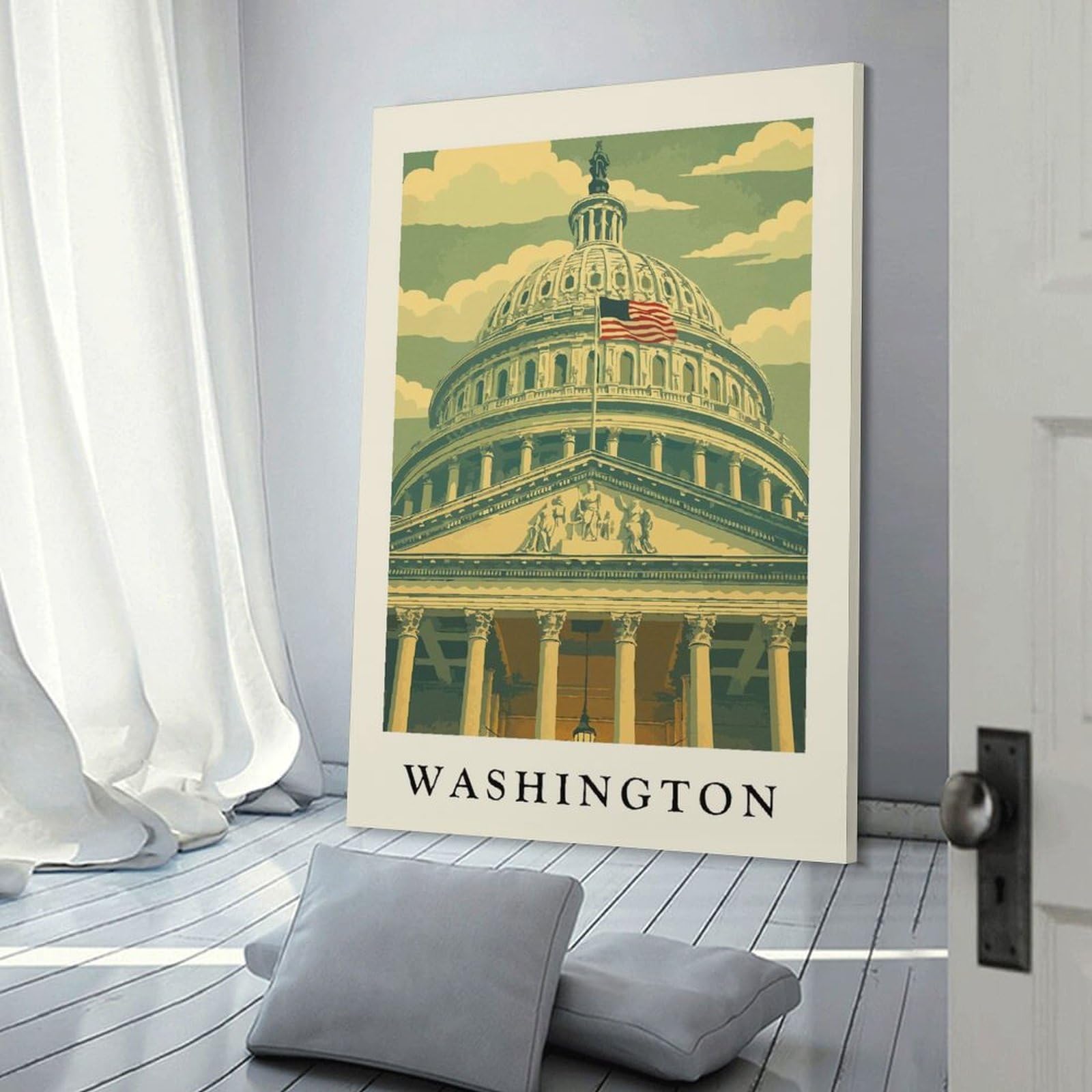 Junmoney Washington D.C. Capitol Building Illustration Wall Picture Print 24x36inch(60x90cm), for Corridors, Hallways Or Apartment Entries, Wall Decor to Refresh Empty Corners