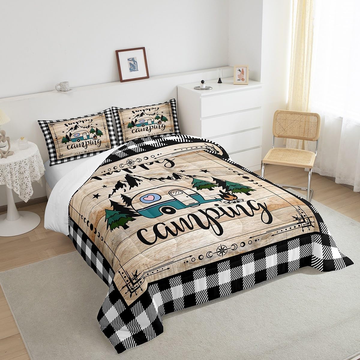 Erosebridal Camp Travel Car Comforter Set Balck and White Buffalo Plaid Queen Bedding Sets for Girls, Camping Decor for Camper Quilt, Vintage Brown Barn Door Plank Cottage Cabin Farmhouse Decor