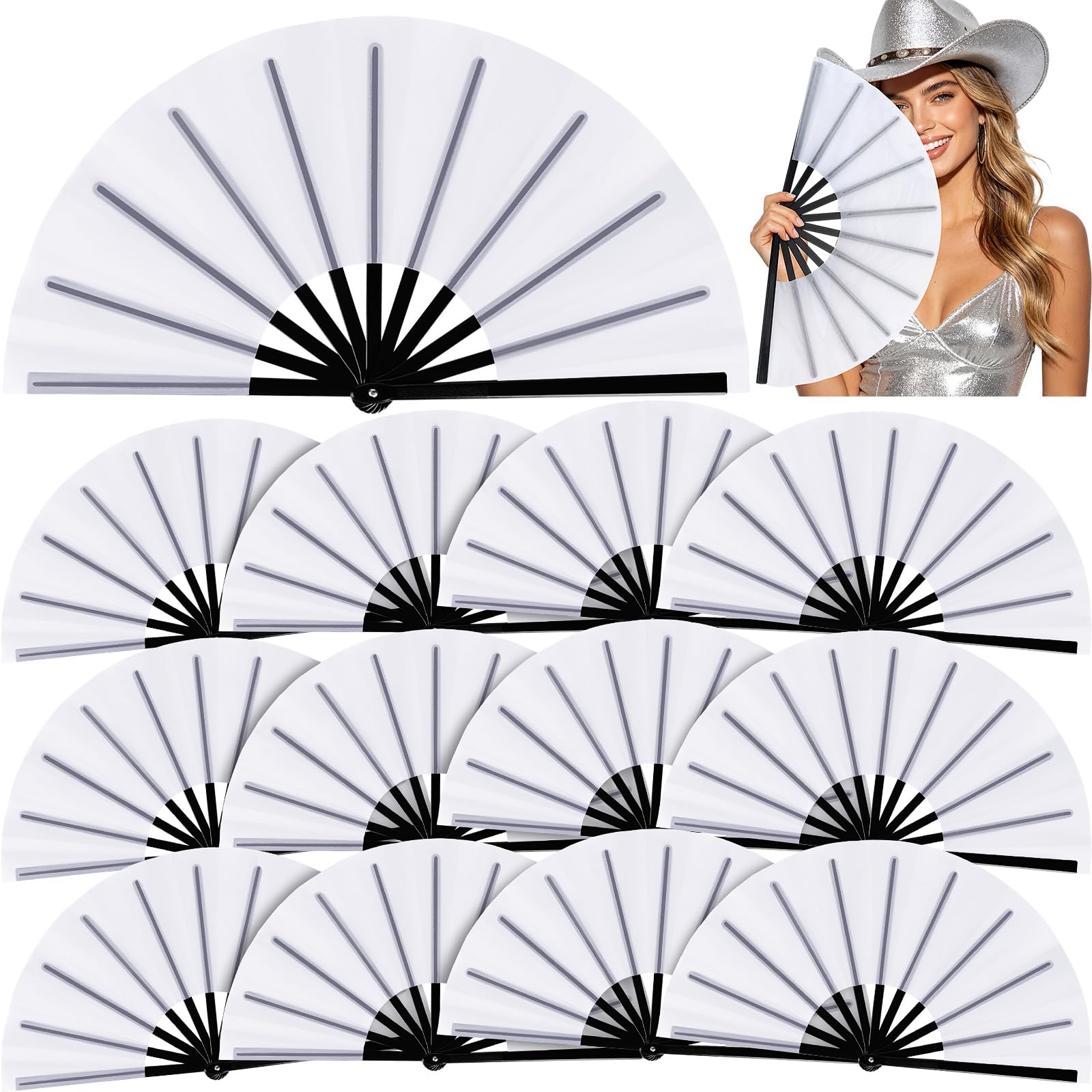 Blulu13 Inch Large Folding Fans for Line Dancing, White, 12 Pcs