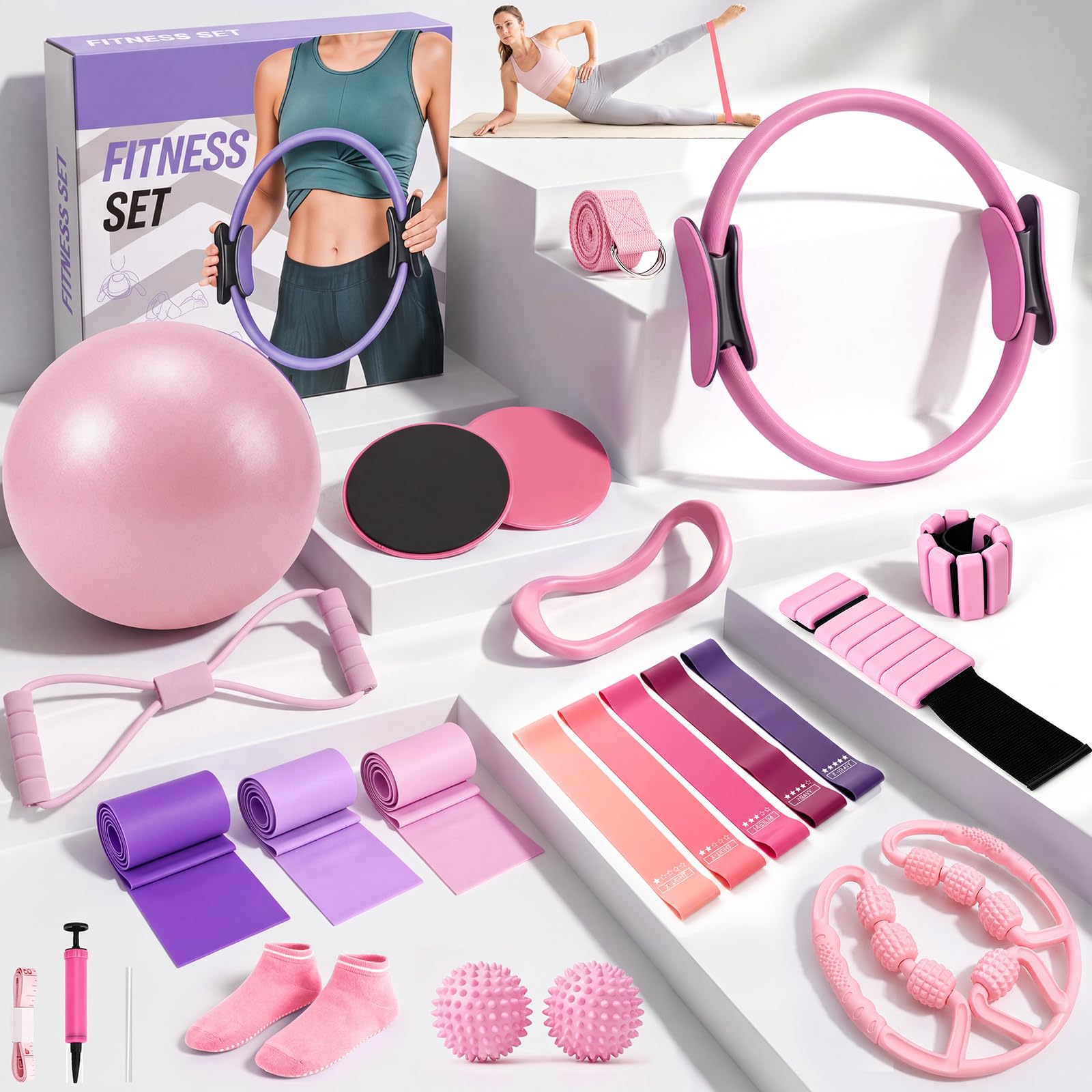 Kit per Pilates 24 in 1, kit per allenamento a casa, per donne, attrezzatura per pilates con anello e palla da 33 cm, per principianti e allenamenti a casa