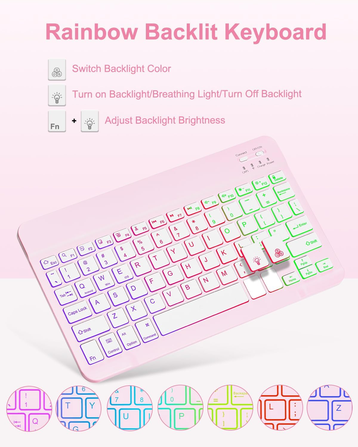 Case with Keyboard for iPad 9th 8th 7th Generation 10.2 inch,7 Rainbow Backlit Detachable Wireless Keyboard Rotatable Magnetic Cover with Pencil Holder for iPad Air 3rd Gen/Pro 10.5 Pink - Image 6