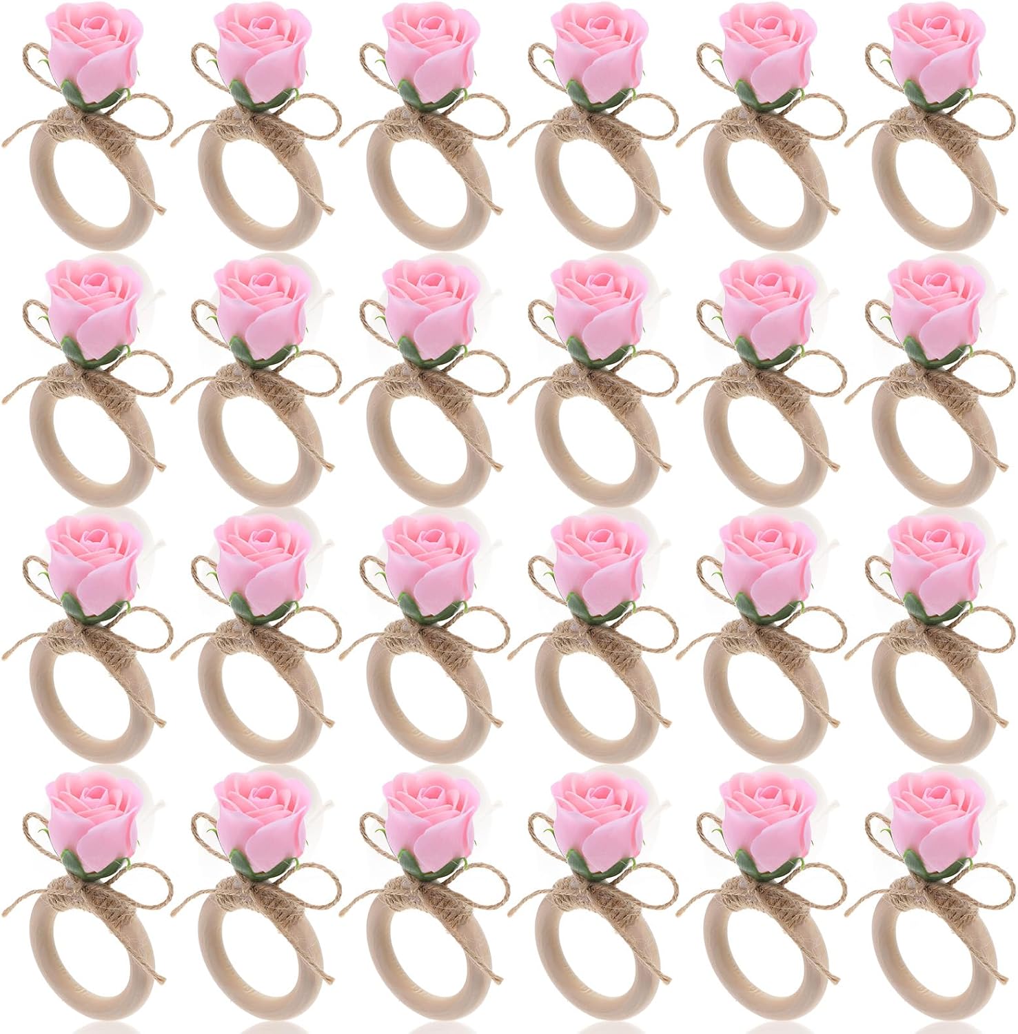 24Pcs Pink Rose Napkin Rings Set Wooden Handmade Floral Napkin Holders for Wedding Birthday Dinner Banquet Picnic Party Decor