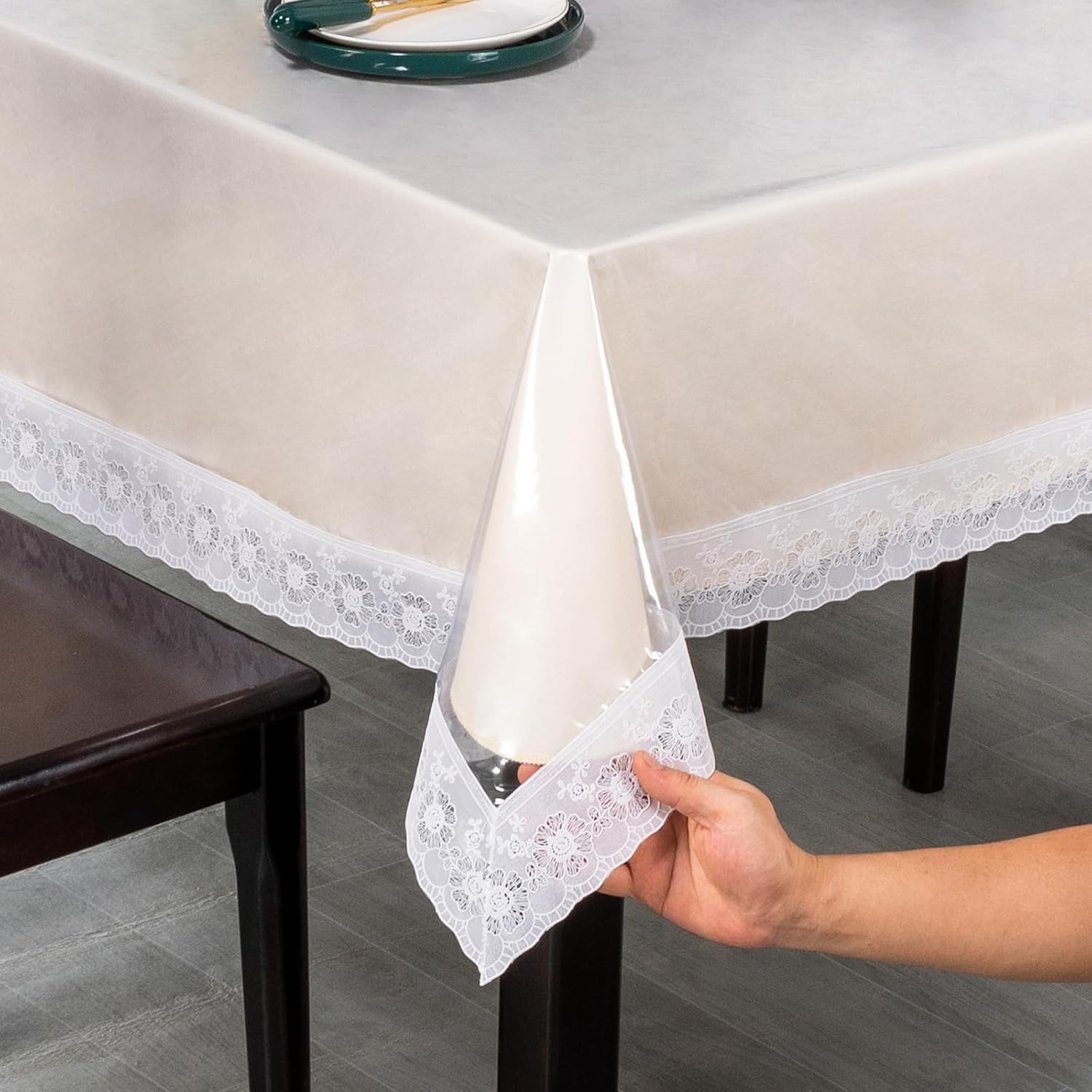 Lace Trim Tablecloth, Crystal Clear Vinyl, Waterproof Plastic Table Cover with Decorative White Border for Dining Tables (60x90in)