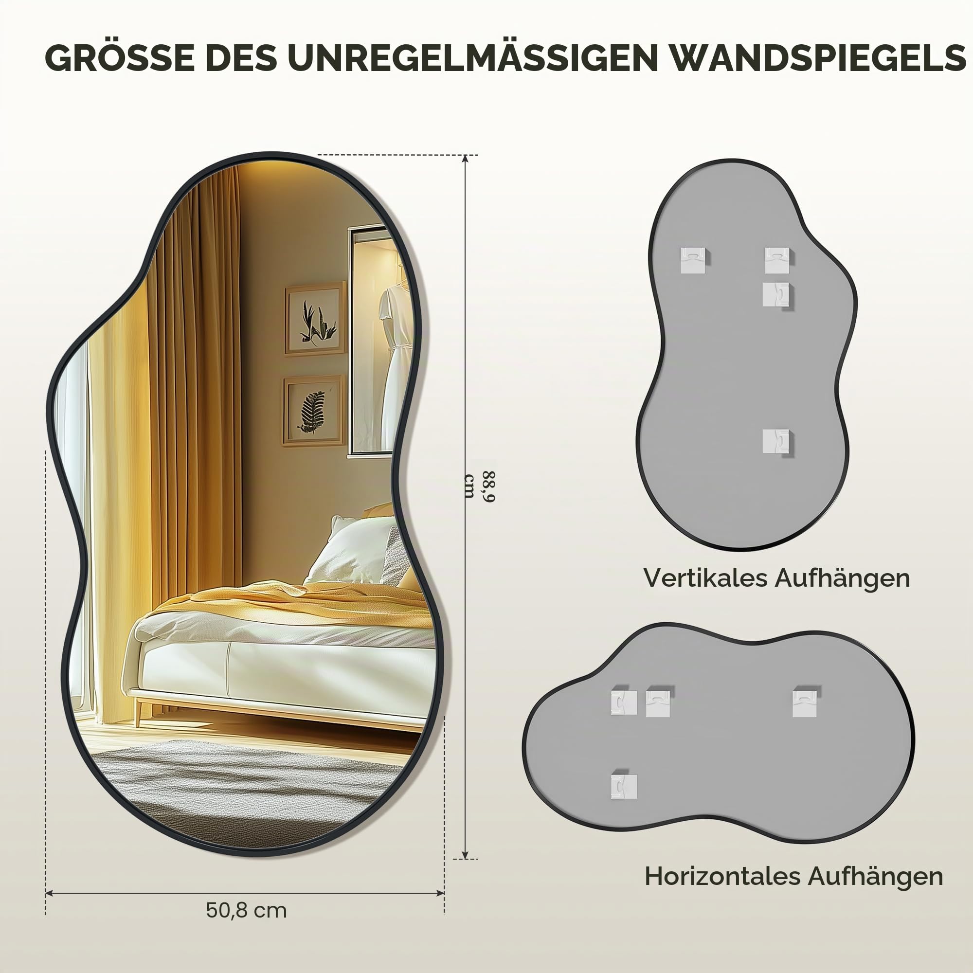 Hasipu Unregelmäßiger Wandspiegel Asymmetrischer Spiegel, 50 x 90 cm Dekorativer Spiegel für Schlafzimmer Badezimmer Wohnzimmer Eingangsbereich, Moderne Wanddekoration, Schwarz Rahmen
