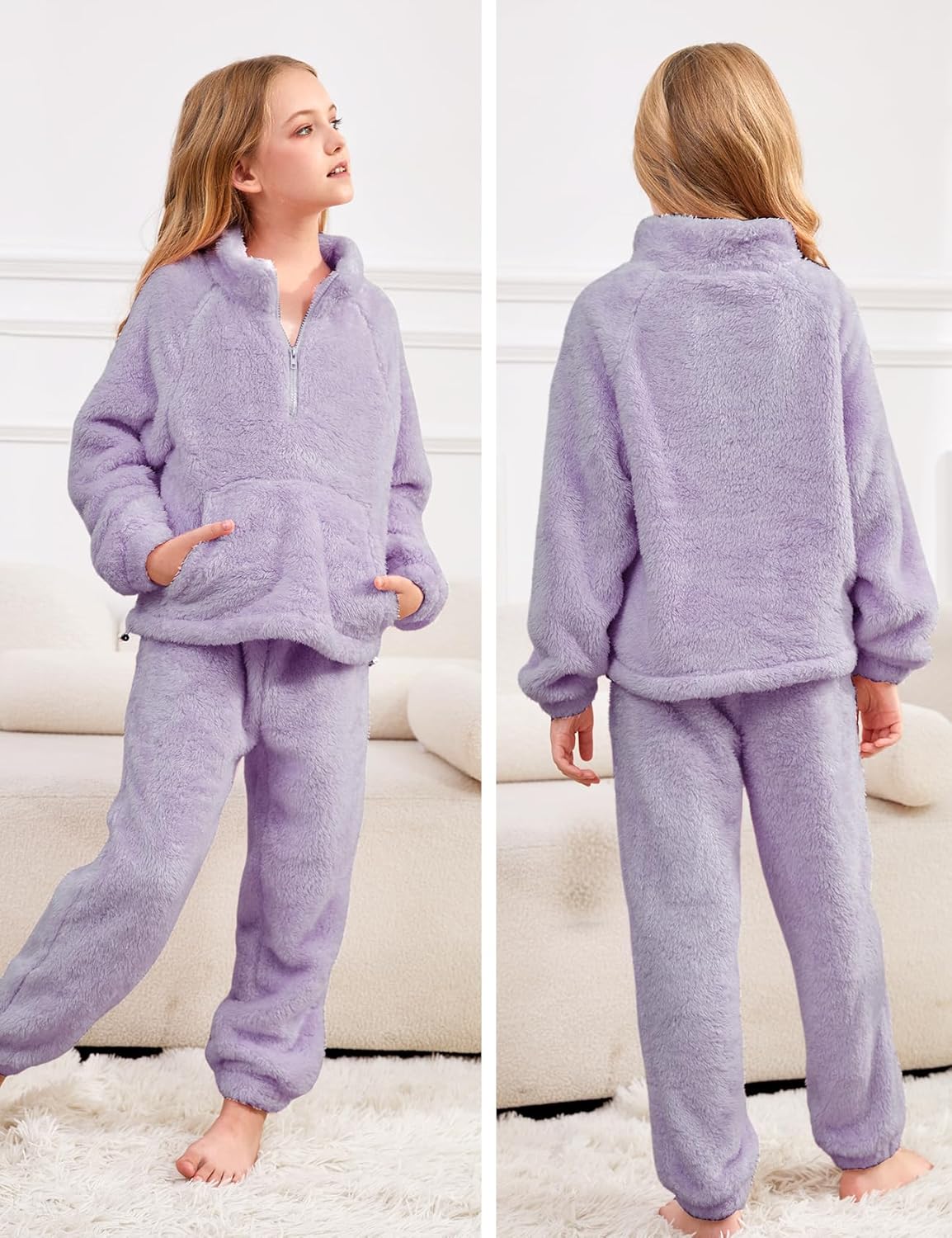 Yimoon Girls Fleece Pants Set Fuzzy 2 Piece Outfits Quarter-Zip Sweatshirt Pants Fall Winter Girls Clothing Set - Image 6
