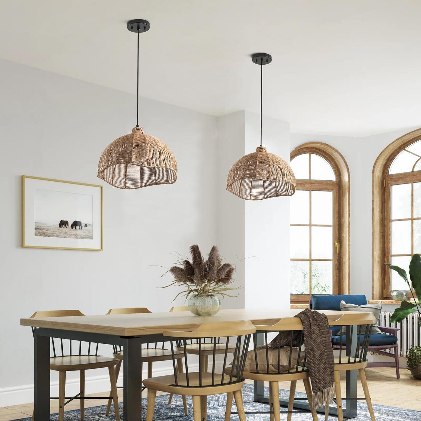 Aiwen Farmhouse Pendant Light Fixture 15.94 in 1-Light Bohemia Rattan Pendant Light with Dome Shape Adjustable Hanging Wicker Pendant Lamp for Kitchen Island Living Room Hallway E26, Brown