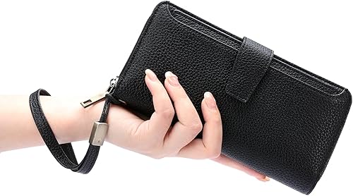 Miniatura 7 de GOIACII Cartera para mujer de gran capacidad con bloqueo RFID para mujer, tarjetero de embrague para teléfono, cartera larga de viaje, A03 negro,