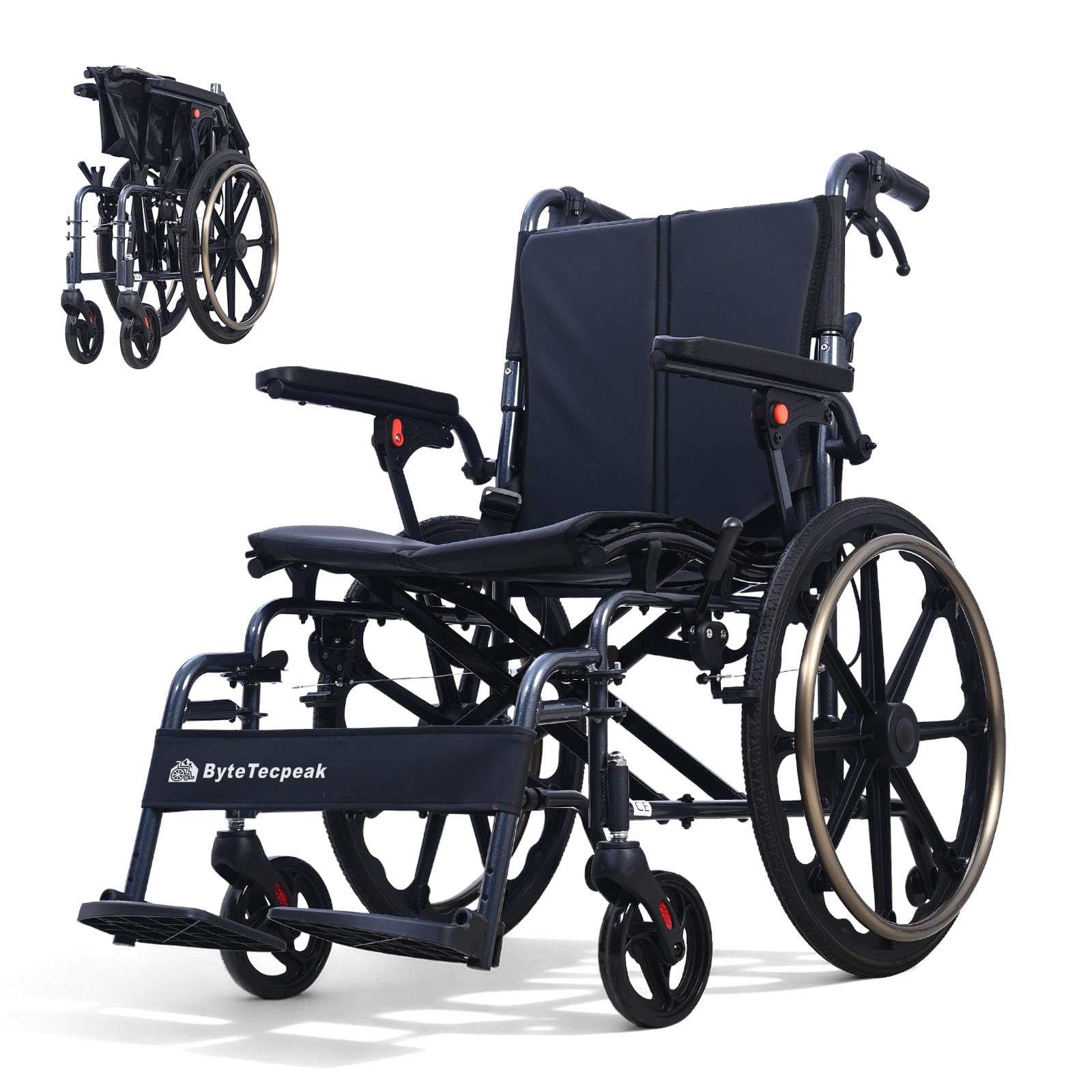 M4 Sedia a Rotelle Pieghevole leggero Autopropulsata per Anziani 11KG | Seduta ampia, poggiapiedi rimovibili, ruote antiribaltamento, doppio freno, robusta, portata 100KG, colore Nero