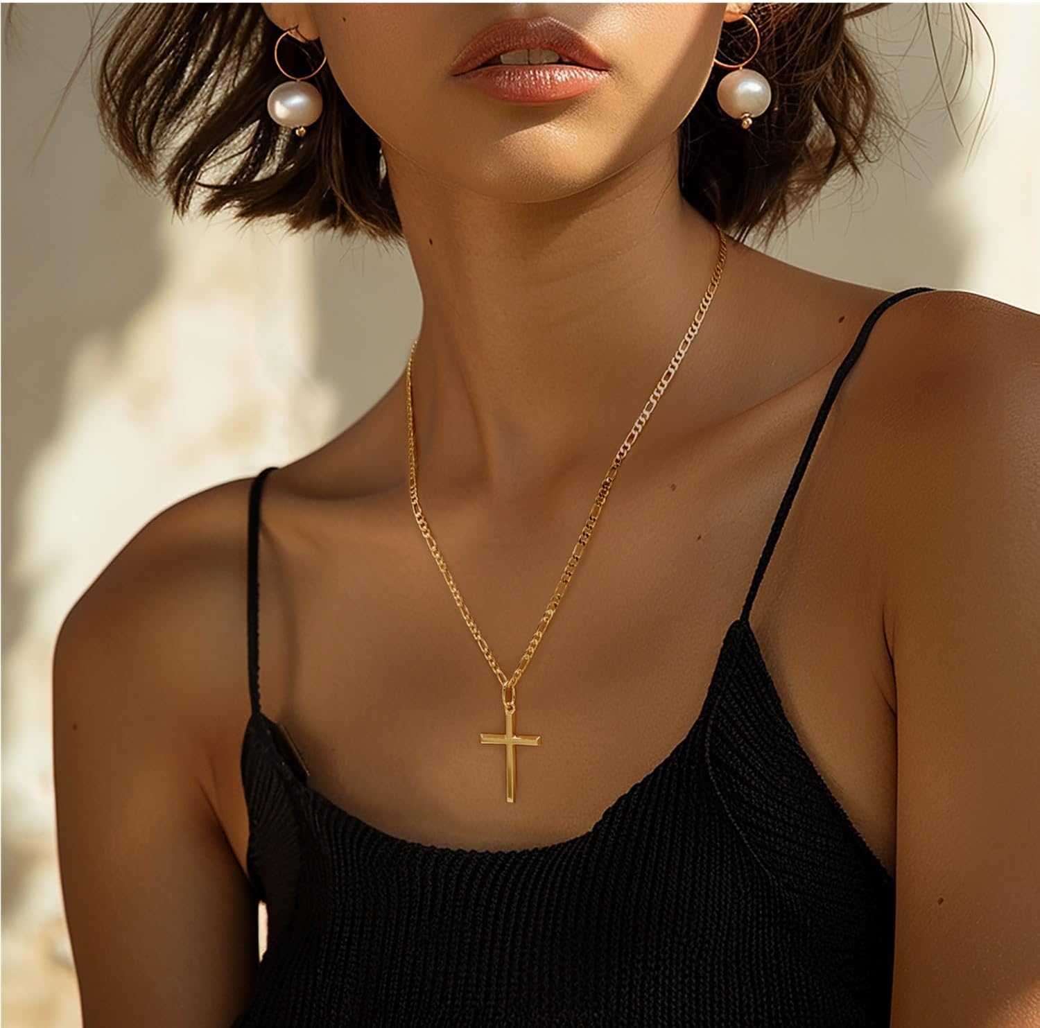 14K Gold Cross Necklace for Women Gold Cross Pendant Figaro Chain Mariner Masculine Appeal 19 INCH - Image 5