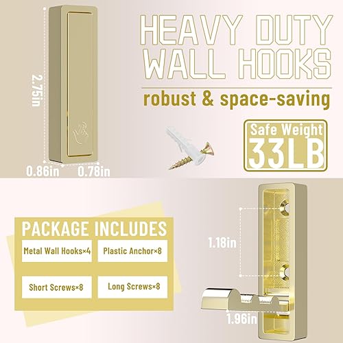 Miniatura 2 de ANJUU 4 ganchos de pared plegables, ganchos de pared resistentes plegables para armario, ganchos de metal para colgar en la pared, para entrada,