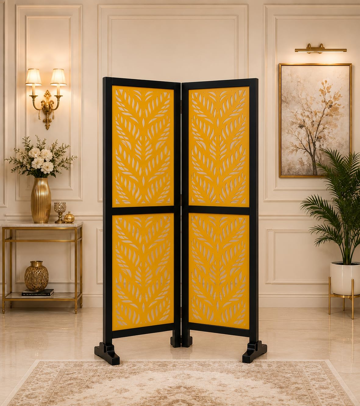 Wooden Room Partition Leaf Pattern Room Divider for Bedroom, House, Living Room,Office, Kitchen, Restaurant, Pooja Room Square Design 6 Feet 2 Panel Golden and Black-image-32