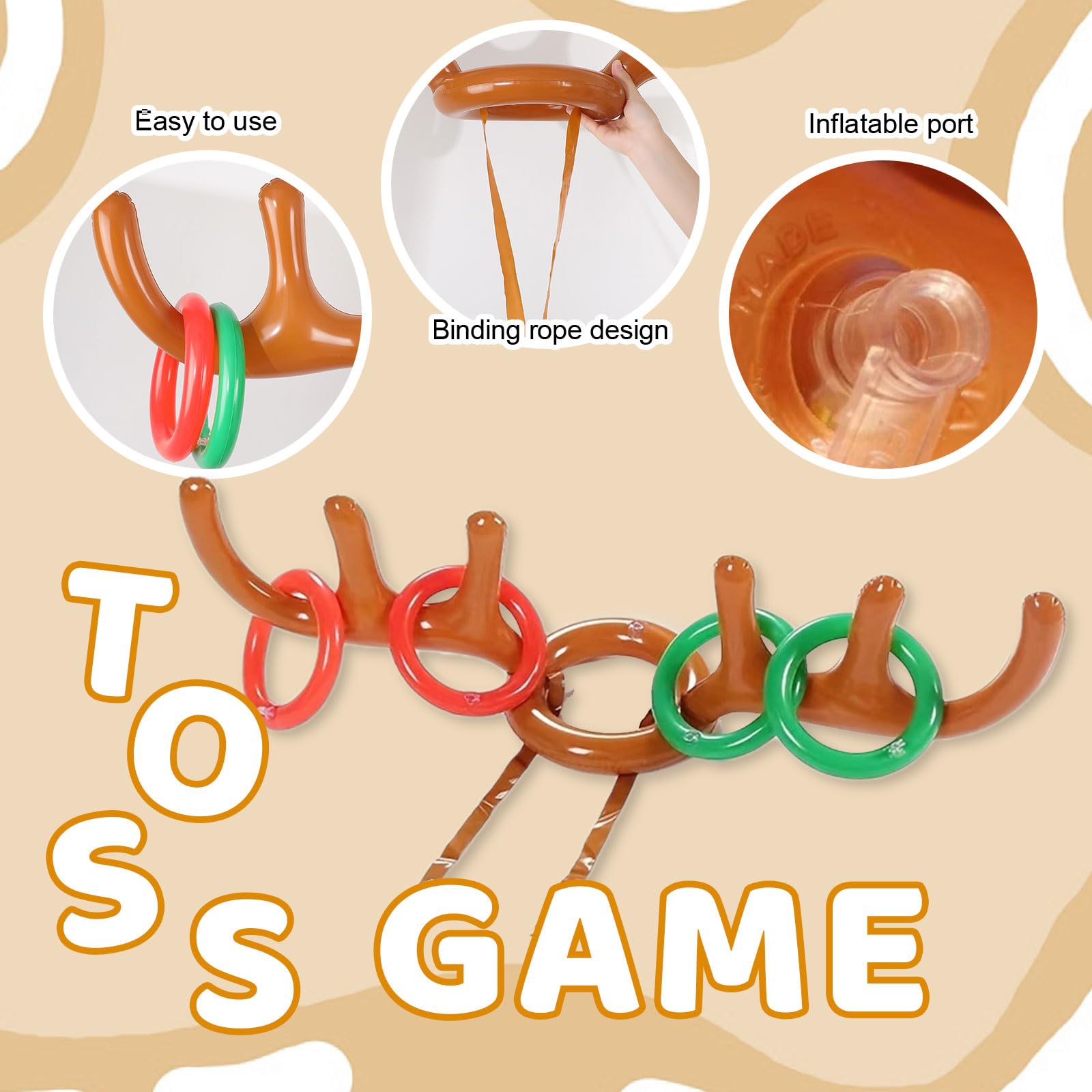 TUONYIS 10 Pcs Inflatable Reindeer Antler Game, Christmas Easter Party Ring Toss Game Set, 2 Reindeer Antler Hat - Image 3