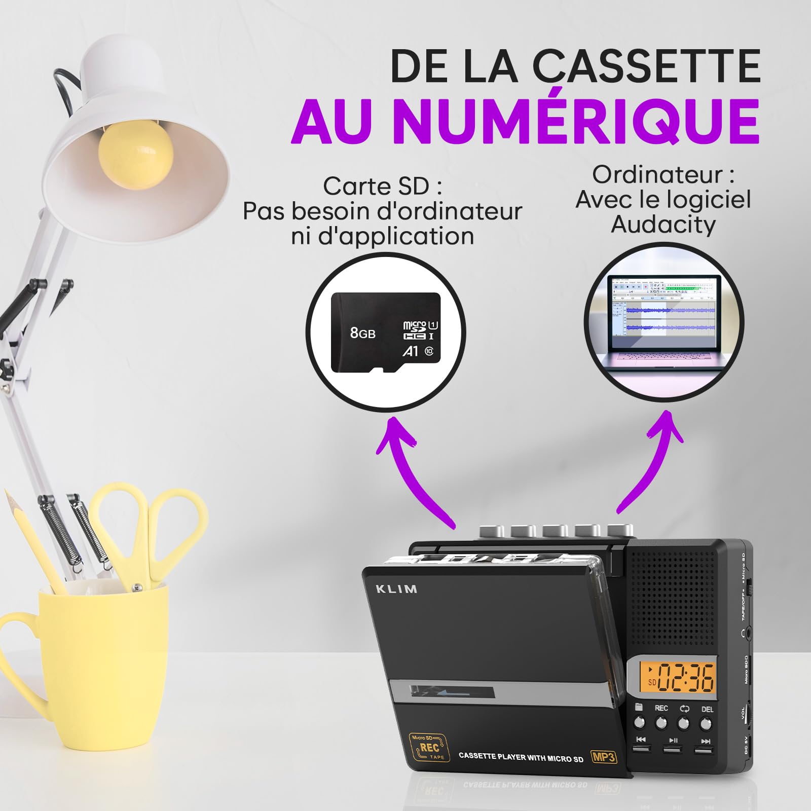 KLIM K10 Lecteur Cassette Audio & Enregistreur, Baladeur Cassette & Convertisseur en MP3 + Micro & Haut-Parleur Intégrés + Transfert USB PC + Piles/USB + Carte SD 8 Go + Écouteurs - Noir