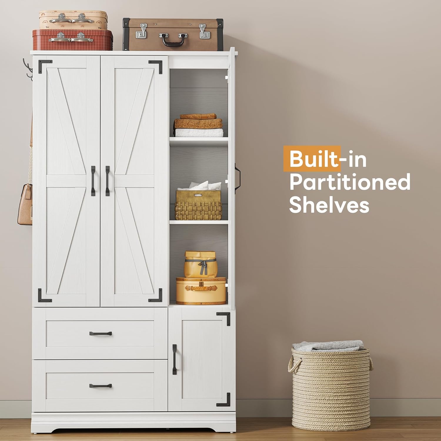 LIKIMIO Armoire Wardrobe Closet 71" H, Bedroom Wooden Wardrobe with 4 Doors and 2 Drawers, Farmhouse Clothing Storage Cabinet Combination with Hanging Rod, Shelves, and Hooks, White - Image 5