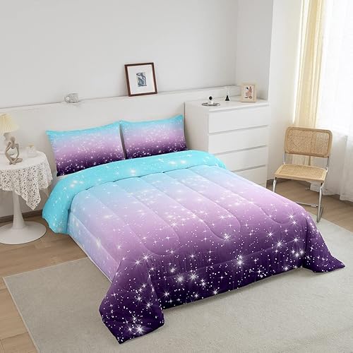 Miniatura 2 de Erosebridal Juego de edredón con purpurina de estrellas espaciales para niños, juego de ropa de cama degradada, azul y morado, tamaño matrimonial,