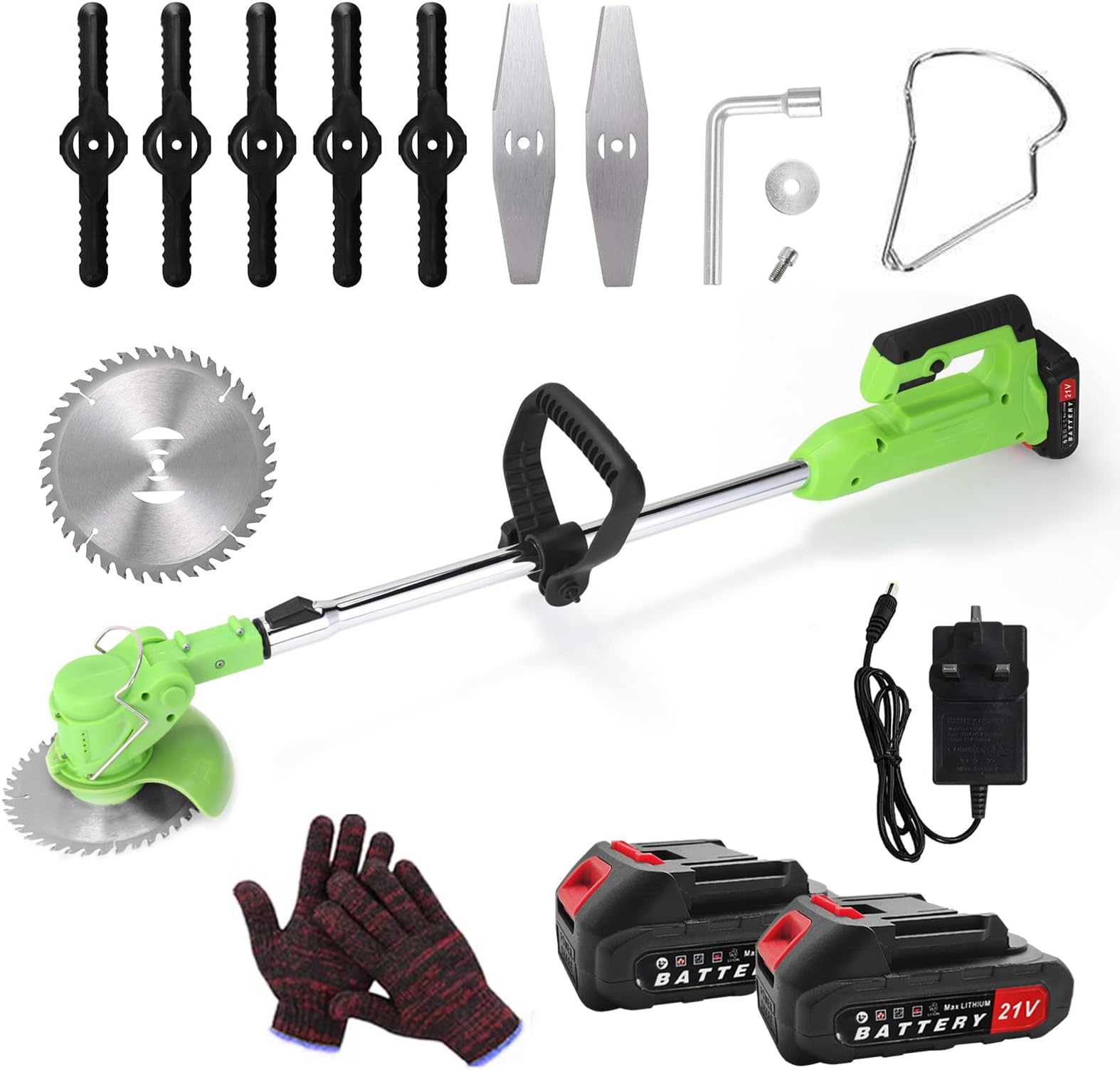 mione Cordless String Trimmer Kit, Edger Lawn Trimmer Weed Wacker Electric, Weed Trimmer Tool, with 21V*2 Li-Ion Battery Powered, 3 Types Cutting Blade, for Lawn Care and Garden Yard Work