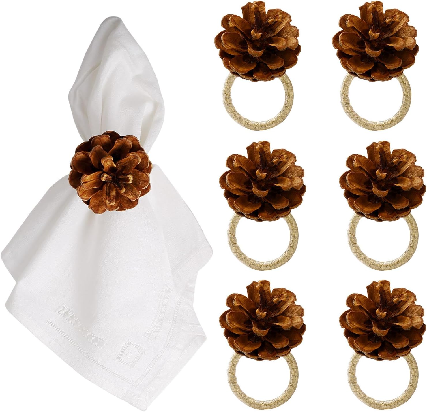 Christmas Napkin Rings Set of 6, Pinecone Napkin Rings, Handmade Cloth Napkin Holder with Cloth Buckles for Christmas/Thanksgiving/Wedding Party Dinner Table Decoration