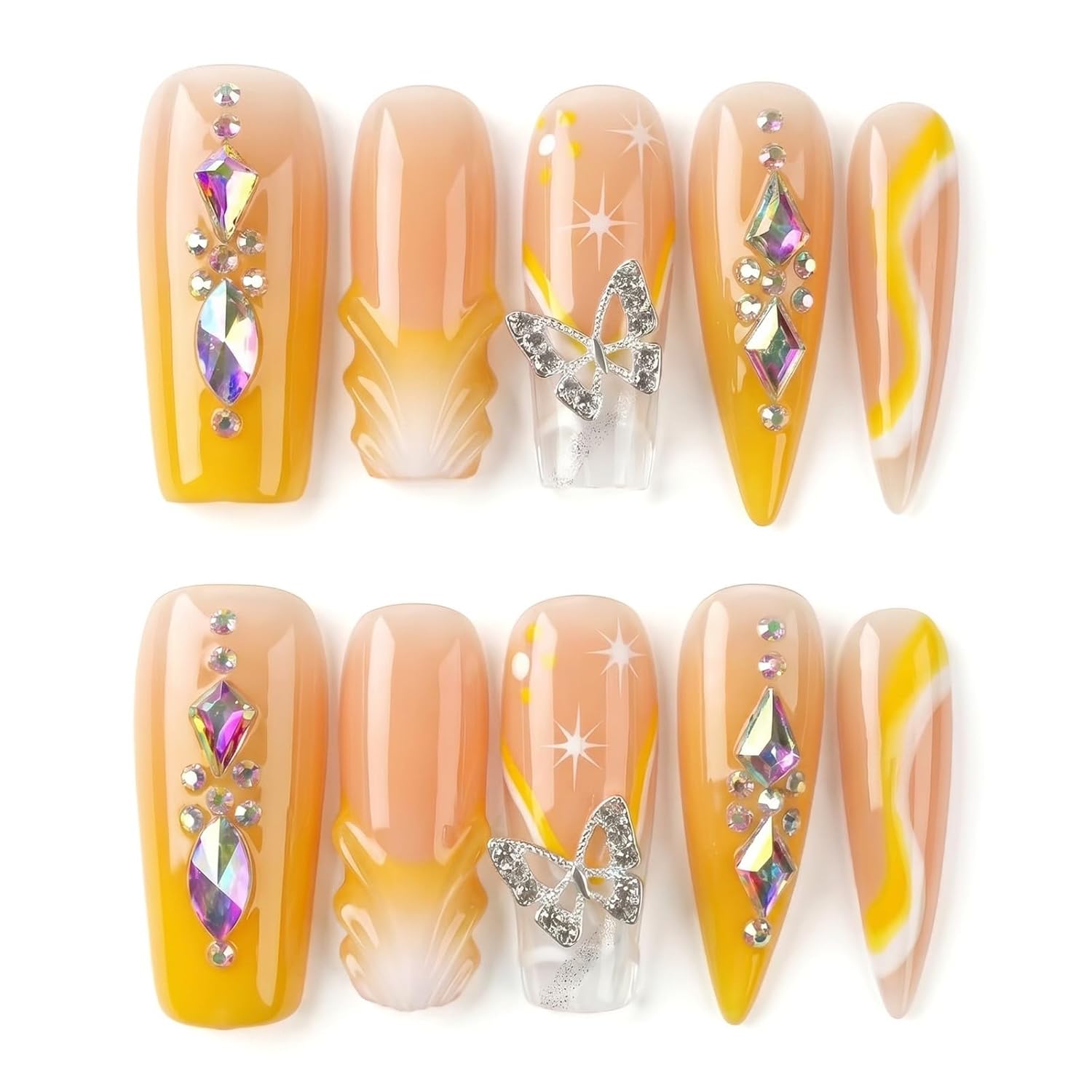 xl Square Acrylic Press on Nails Long Luxury Handmade Fake Nails Orange with Butterfly Rhinestones False Nails Reusable Stick on Nail for Women Beach Vacation Music Festival Manicure 10Pcs (Size M)