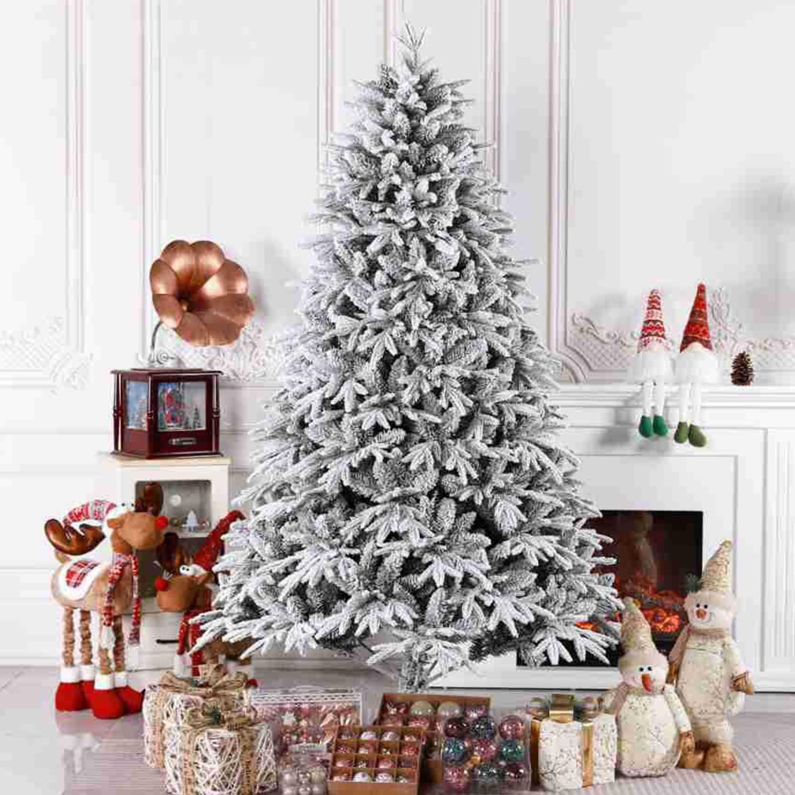 VUCATIN Christmas Tree, Flocked Artificial Snow Christmas Trees with 1050 Full Branches 5 Tips PE+PVC Xmas Tree Metal Stand Easy Assembly for Home Indoor Outdoor Christmas Decor (A-7ft)