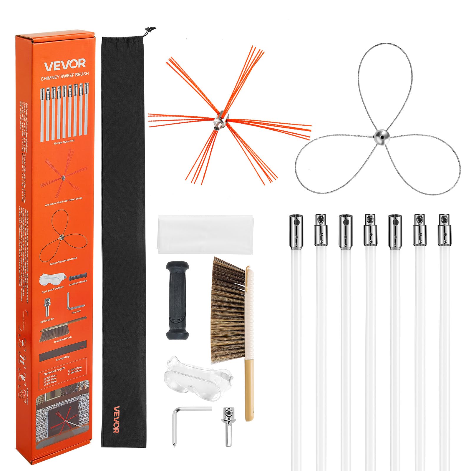 vevor chimney sweep kit, 23 ft maximum extendable length chimney brush, chimney cleaner sweeper with dual brush heads, brush & goggles, fireplace cleaning tool for square, rectangle, arch chimneys