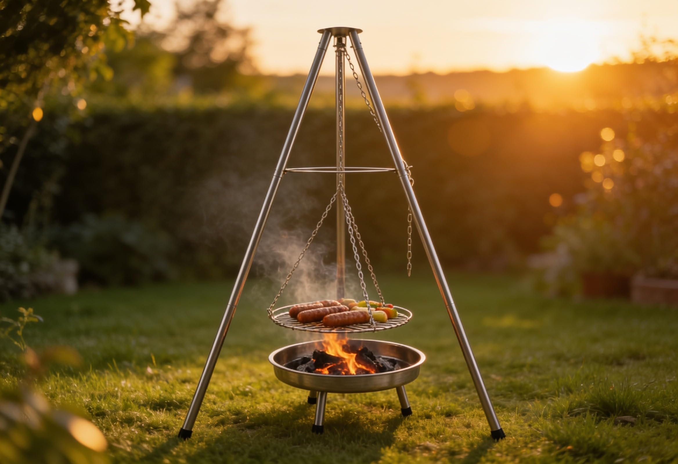 HKG 100 - Schwenkgrill aus Edelstahl mit Feuerschale, Dreibein | Dreibein Schwenker Holzkohlegrill, Höhenverstellbar, Komplett Set, Große Grillfläche Ø 50 cm, Für Camping und Garten