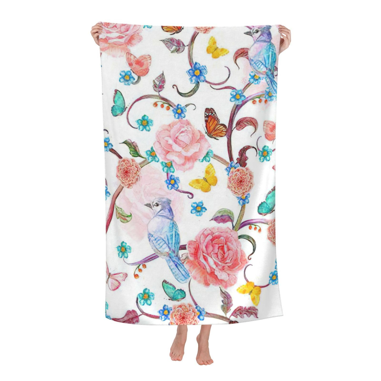 NImongt Romantic Fancy Floral Birds Butterfly Print Oversized Adult Beach Towel For Travel Weekend Getaways Festivals Camping Trips