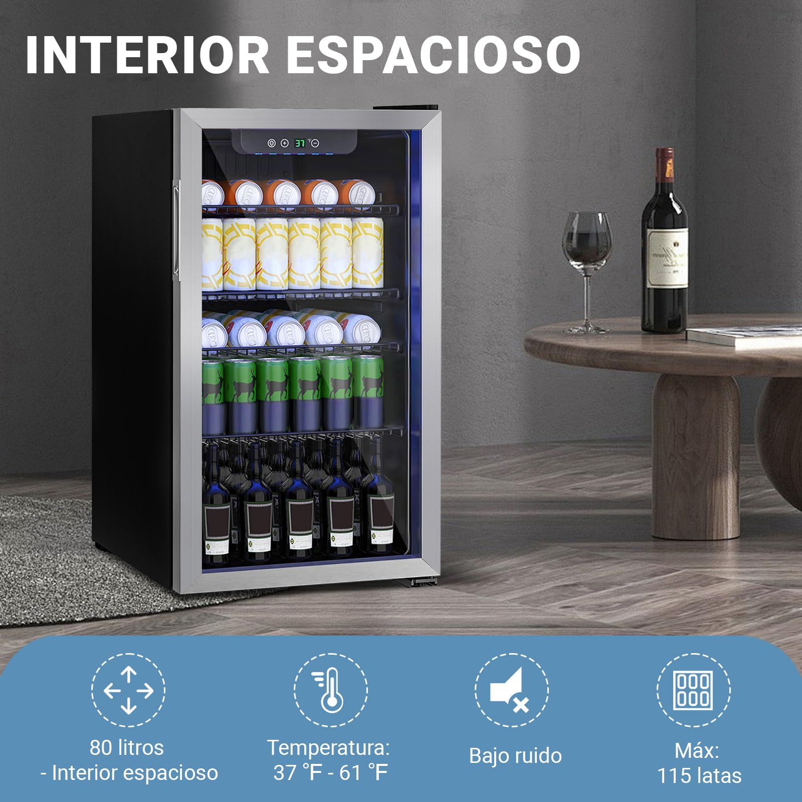 Mini refrigerador de 80L, refrigerador independiente para bebidas con capacidad para 115 latas puerta de transparante para, refrigerador pequeño con estantes ajustables (plateado)