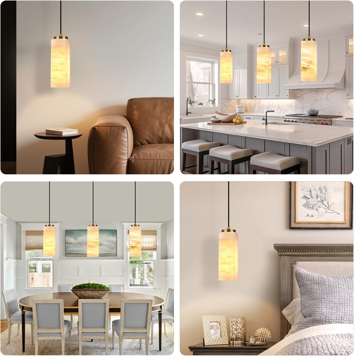 Natural Alabaster Pendant Lights, H-11in Pendant Light Fixtures, Marble Square Shade Copper, Light Pendant for Bedroom Bathroom Dining Room Living Room (E12 Bulbs INCL) Gold
