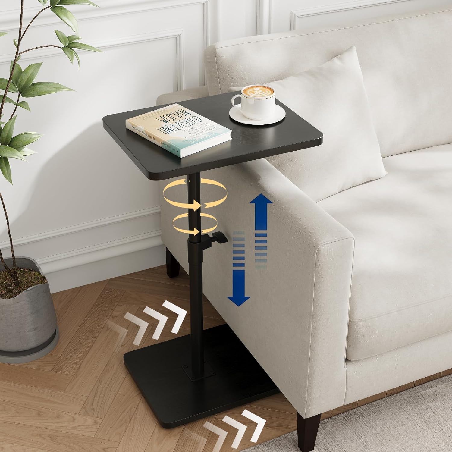 TV Trays for Eating on Couch - Height Adjustable C Shaped End Table with 360° Swivel, Slide Under Sofa Side Table for Small Spaces, Snack Table for Bed Chair Living Room Bedroom Laptop, Black