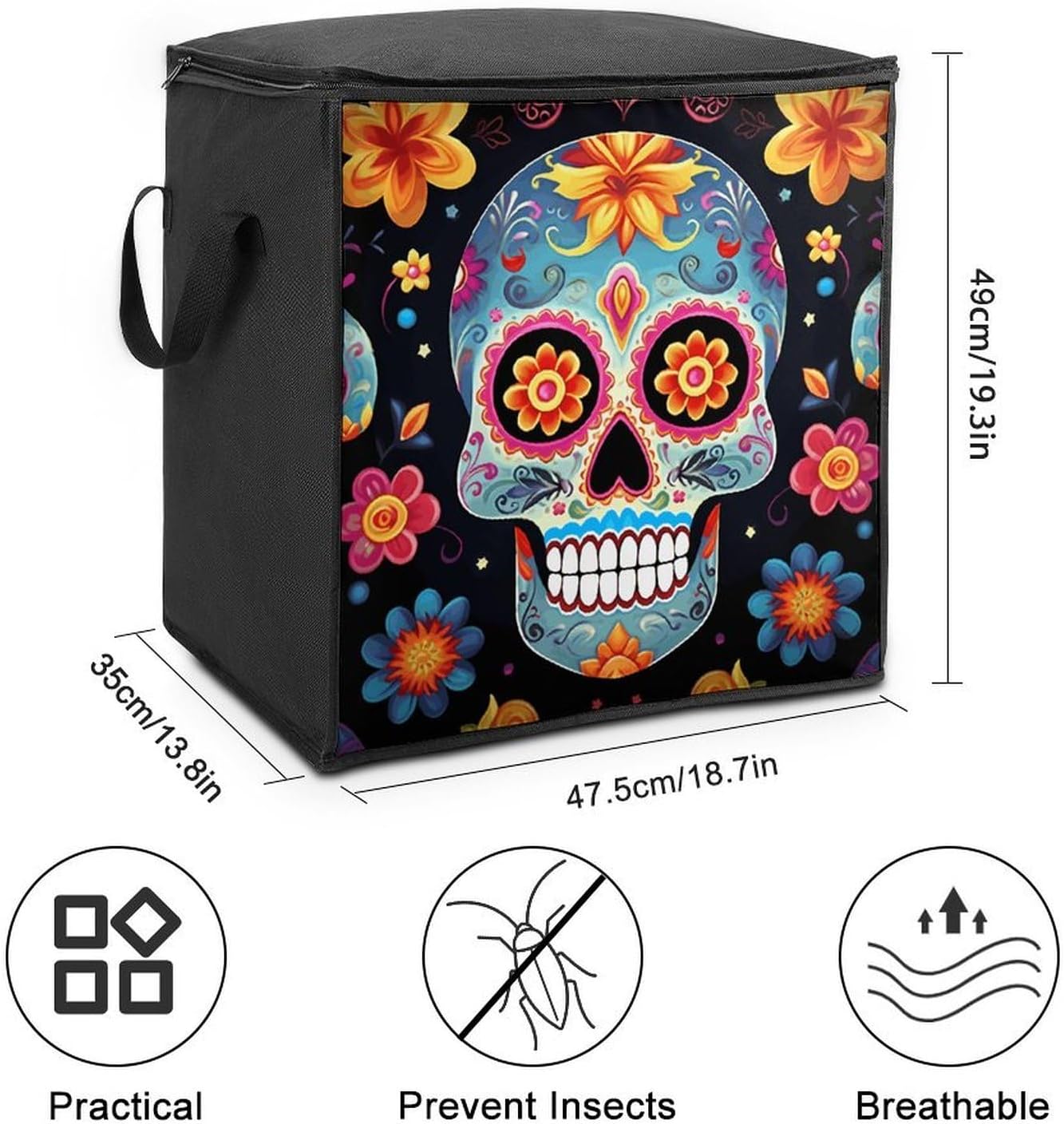 Sugar Skulls Storage Bag with Zippers And Handle Extra Large Bedding Comforter Storage Bag Foldable Blanket Storage Bags Fabric Moving Bags for Closet Organizer (70L)