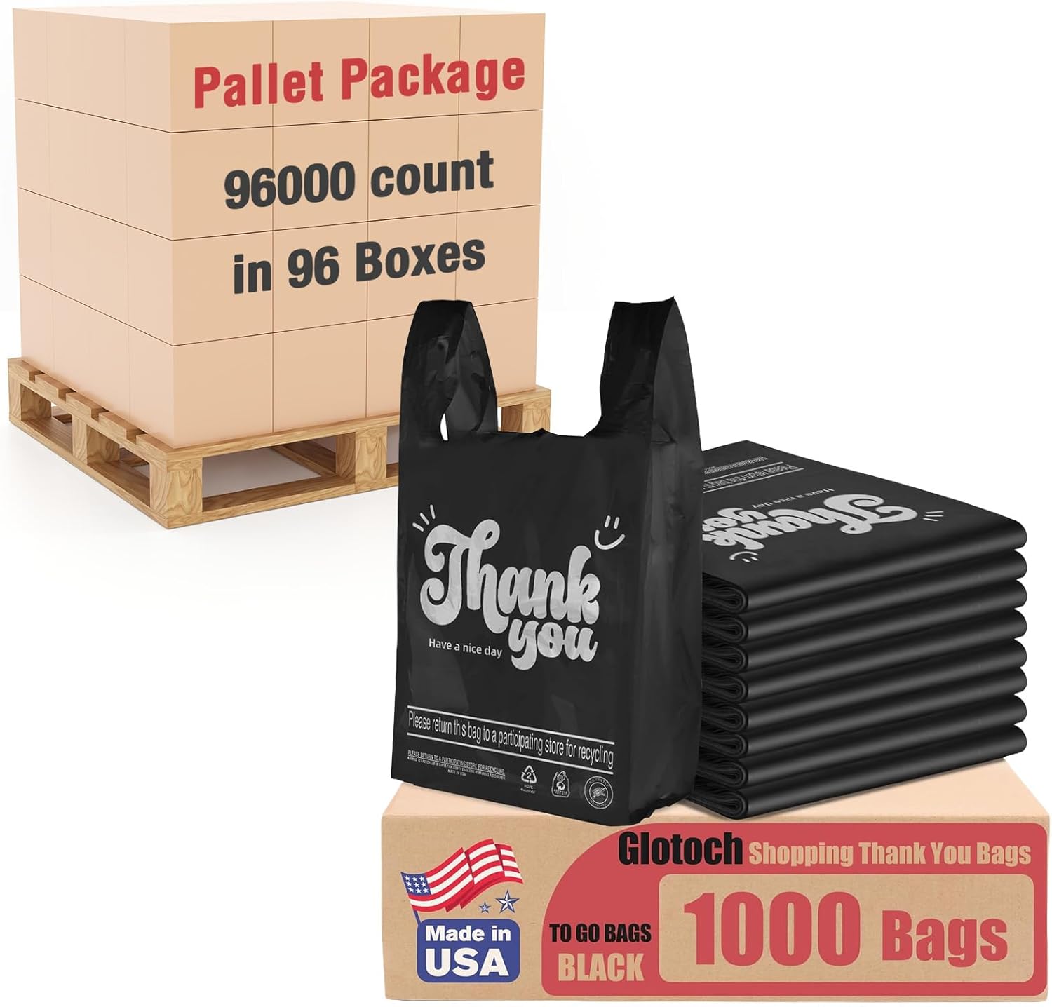 Glotoch Plastic Grocery Shopping Thank You Bags 96000 Count (96 Boxes,1000 Count/box) Pallet Package for Small Business, Plastic Tshirt Bag with Handles for Restaurant, Retail, Takeout, Stores,To Go