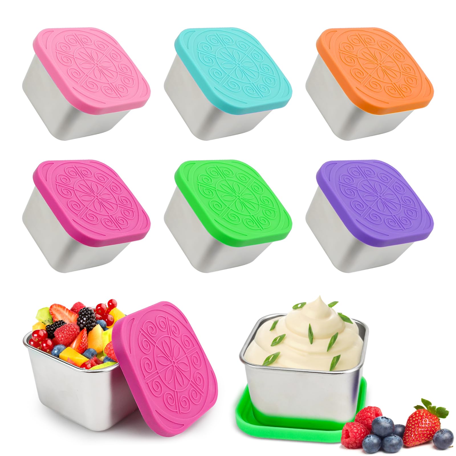 6Pcs Stainless Steel Small Food Containers, 180ml Stackable Snacks Pots with Leakproof Silicone Lids, Reusable Food Storage Containers Snack boxes for Snack Salad Dressing Lunch,Home Office(6 colours)