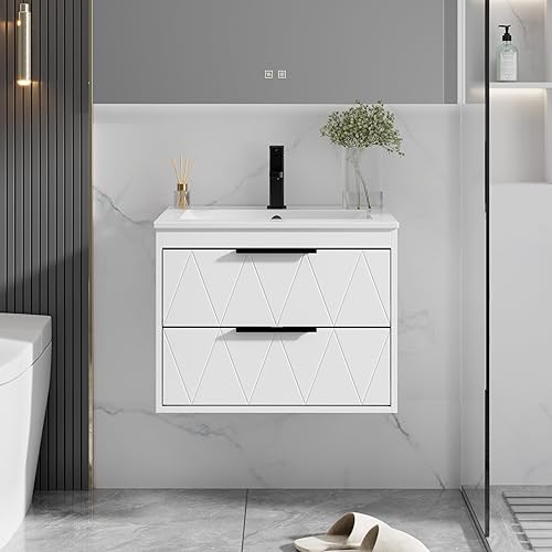 eclife Armario de tocador de baño de 24 pulgadas con combo de fregadero, armario flotante montado en la pared con línea decorativa, sistema de Negro