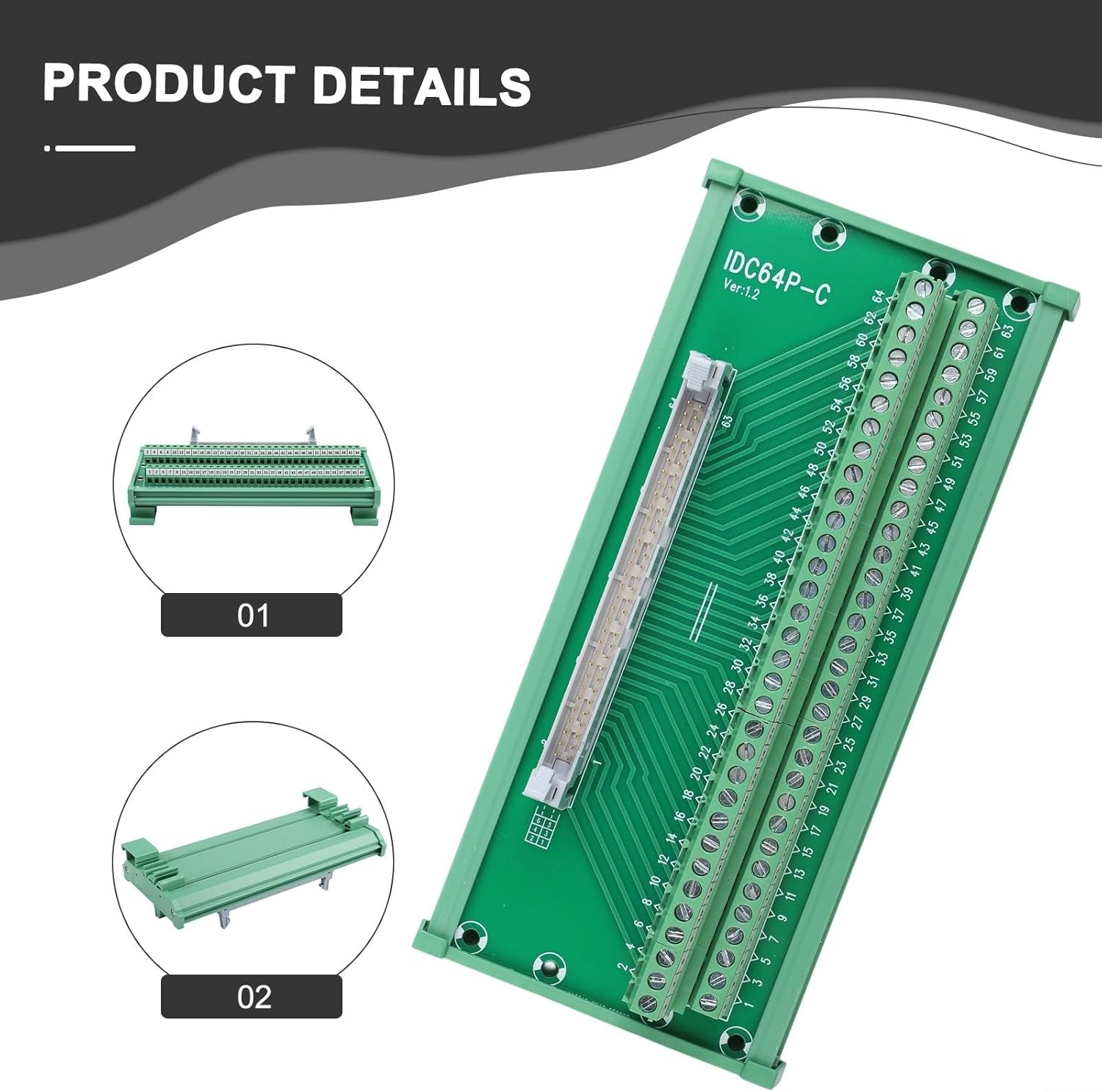 IDC64P-C 64 Pin Terminal Block Connector with PVC Shell for Industrial Control Systems,DIN Rail Mount, 183x87 mm Compact Green Design for Reliable Low-Frequency Connections