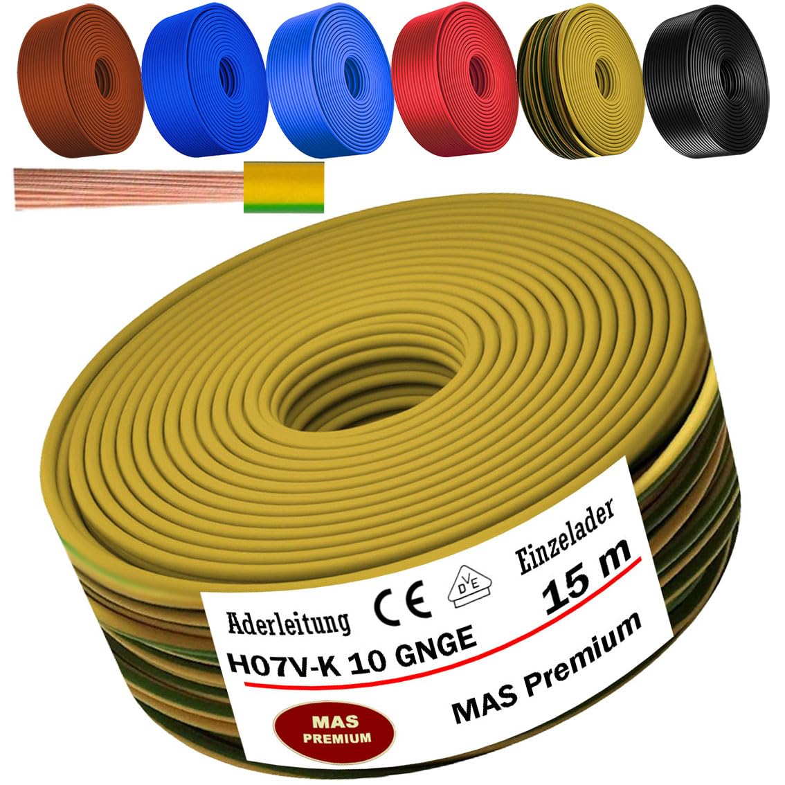 MAS Premium Von 5 bis 100m Aderleitung H07 V-K 10 mm² Schwarz, Braun, Dunkelblau, Grüngelb, Hellblau oder Rot Einzelader flexibel (Grüngelb, 15m)