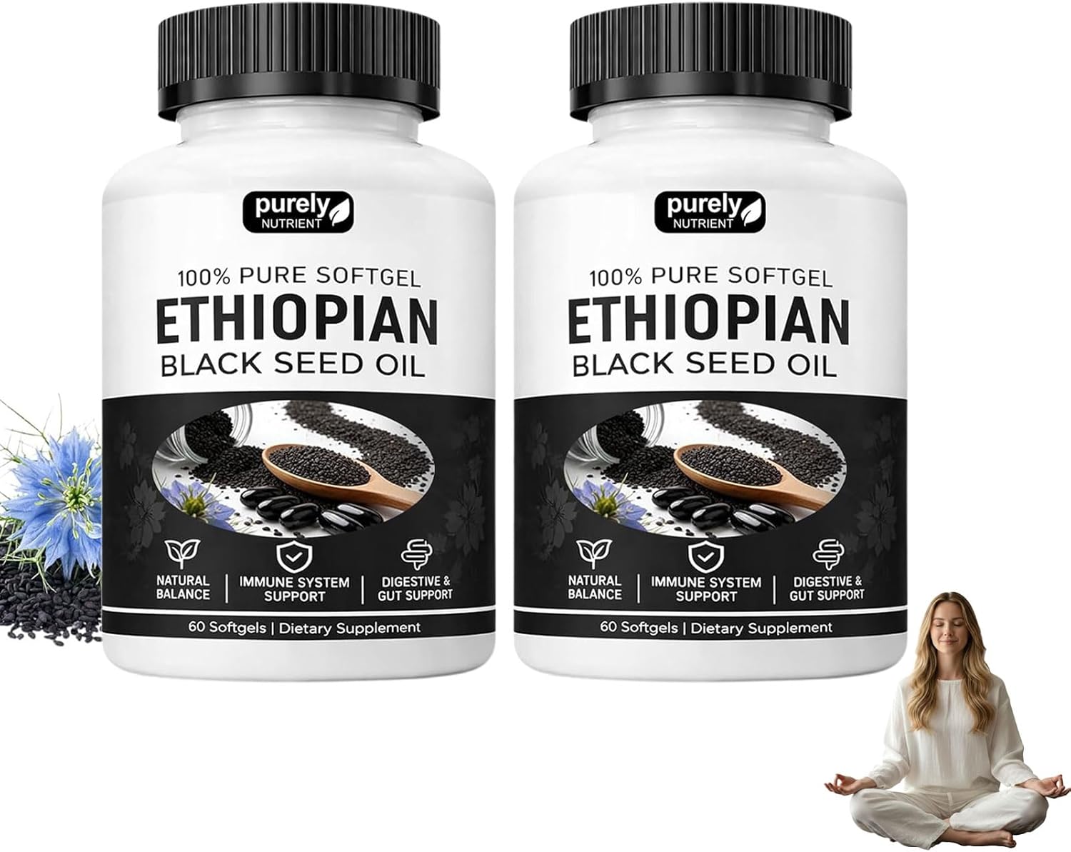 Purely Nutrient 2026 Ethiopian Black Seed Oil Capsules, Organic Cold Pressed, Non-GMO, Gluten-Free, Premium Black Cumin Seed Oil with Thymoquinone, 60 Softgels (2 Bottle)